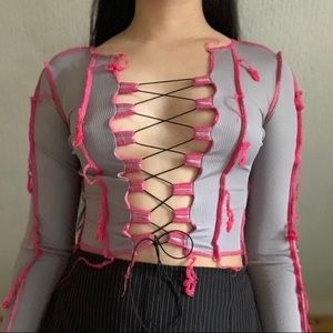 gray contrast stitch long sleeve lace up crop top